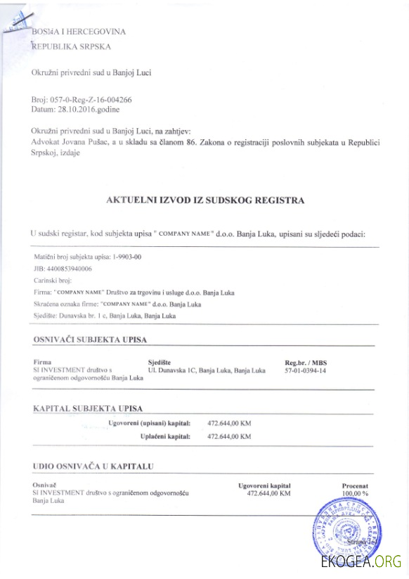 Certificat d'enregistrement de Bosnie Herzégovine